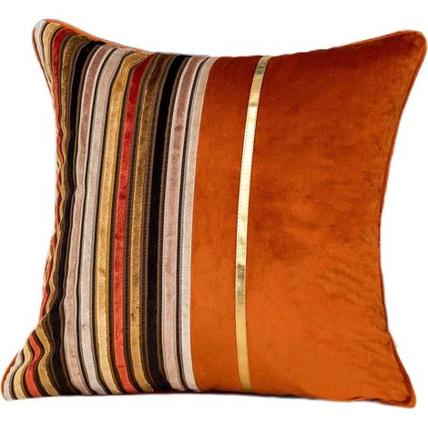 Lot de 4 Housses de coussin, Velours patchwork rayé, Cuir doré, Fermeture éclair invisible, 45x45 cm, Salon Chambre Canapé (1/5)