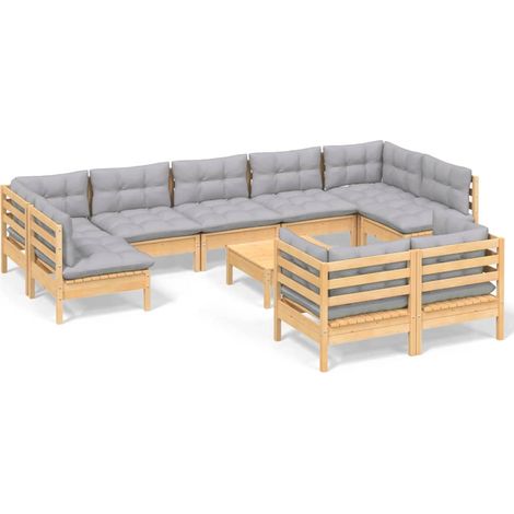 Set di mobili da giardino mobili da esterno 10 pezzi con cuscini grigio legno di pino massiccio 020015025