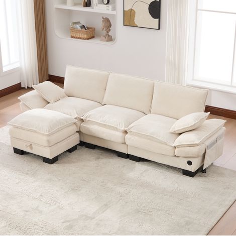 Sofá modular de 3 plazas en pana con puf, USB-C y bolsillos laterales, beige, REDOM (1/5)