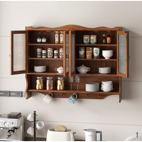 Meuble rangement mural 100 cm bois verre 4 portes solide OKMYHOME (1/5)