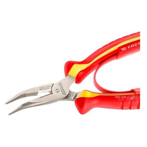Facom – Pince à becs demi-ronds 160 mm – Becs fins striés pour coupe précise – Isolée jusqu'à 1000 Volts – Pour travaux électriques