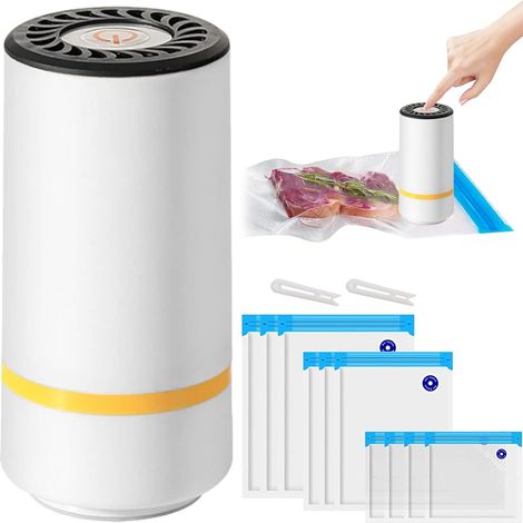 Mini Machine à Sceller Sous Vide Manuelle Chargement USB, Appareil Mise Sous Vide, 10 Sacs Réutilisables,Pompe à Vide Alimentaire Cuisine Automatique Portable pour Conservation Aliments,Fruits,Légumes