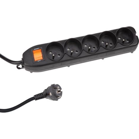 Bloc multiprise avec Interrupteur, Protection Contre Les surcharges, 5 Prises avec Terre française (Type E), 1.5 m, 3G1.5, Usage intérieur, Noir (1/5)