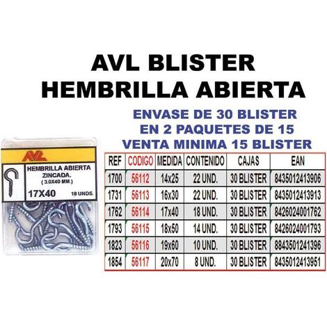 Blister de Hembrilla/Cancamo Abierta 19x60 Zincada 1823