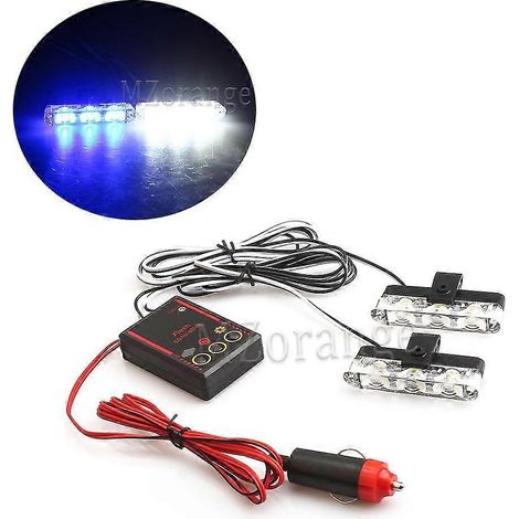 2x3 Feux stroboscopiques d'urgence FSO, gyrophares LED, stroboscopes, gyrophares de police, 12 V, 6 W, clignotants pour voiture, allume-cigare - 1 blanc, 1 bleu (1/5)
