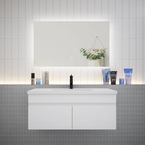 Aica Ensemble meuble Salle de Bain Blanc avec vasque L.100cm + Miroir LED 100x60cm
