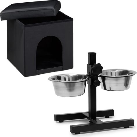 2 teiliges Hunde Set XL, Hundebox Sitzhocker, Tierhöhle, Hundebett schwarz, Doppelnapf höhenverstellbar, Futterstation (1/5)