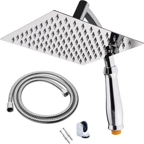 Cabezal de ducha de lluvia de acero inoxidable con ducha de mano y soporte, cabezal de ducha tipo cascada cuadrado de 20 cm con manguera de 1,5 m, brazo de extensión y kits de soporte. (1/5)