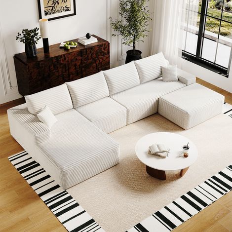 Canapé d'angle en U 340cm,canapé modulaire en velours côtelé,avec chaiselongue,1 repose-pieds,canapé 5 place compression,assise profonde,blanc