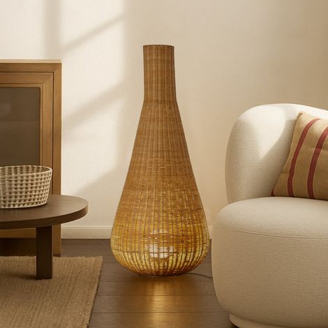 [NEUWERTIG] B-Ware Lucande Stehleuchte Standlampe Rattan Eisen schwarz holz E27 Takeo 115 cm