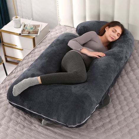 Almohada de embarazo con forma de J, almohada de lactancia y almohada posparto, funda lavable incluida, terciopelo negro. (1/5)