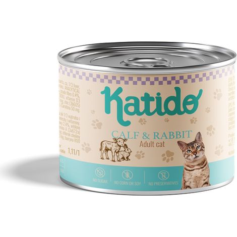 Cibo umido in scatola Katido Premium per gatti adulti, vitello e coniglio, 200 g (1/4)