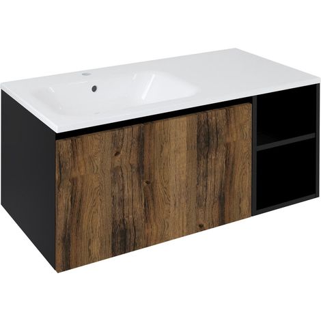 Meuble vasque LOREA 100x46x51,5cm (70+30Pcm), gauche, chêne collingwood/noir mat (1/4)