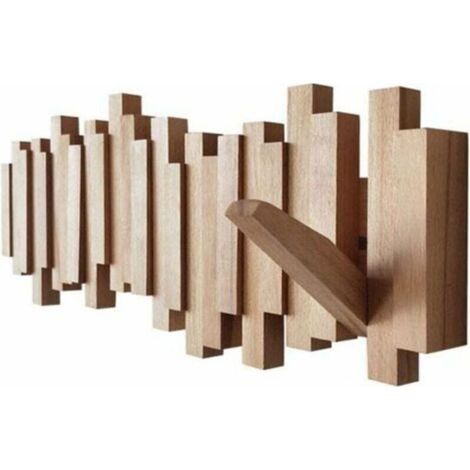 Porte-manteau mural en bois de hêtre et noyer noir avec 8 crochets – Design moderne rabattable – Résistant à l'humidité – Pour entrée et salle de bain (1/5)