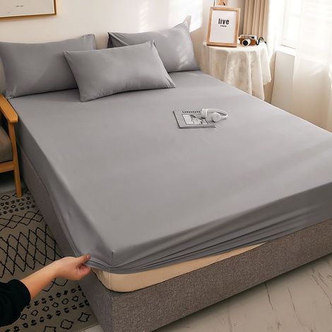 Housse de Matelas 150x200 cm Gris Foncé avec Élastique, Housse de Protection pour Matelas Fin et Couette Fine, Drap-Housse Uni (1/2)