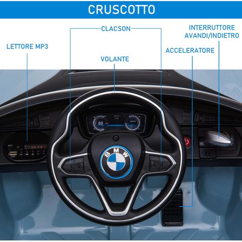 Une BMW i8 Coupé adaptée aux enfants de 3 à 8 ans, avec télécommande et deux portes, mesurant 115 x 72,5 x 46 cm, de couleur bleue. (1/5)