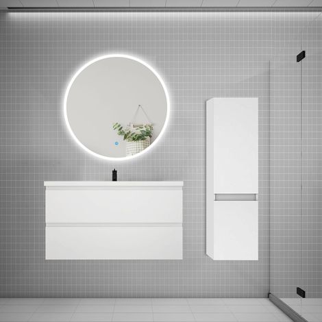 Ensemble meuble vasque L.99cm 2 tiroirs + lavabo + LED miroir rond 90cm + colonne A,blanc (1/5)