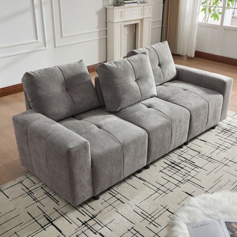 Canapé droit convertible, canapé modulable 3 places de 213 cm, Siège profond, profondeur réglable jusqu'à 68 cm, chenille, gris (1/5)