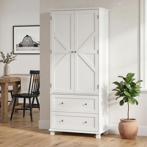Buffet de cuisine haut, meuble de cuisine à 2 portes, 2 tiroirs, 6 étagères réglables, 80 x 39,5 x 184,5 cm, blanc