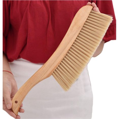 Brosse à lit à long manche - Brosse à poussière en bois - Brosse de nettoyage pour tapis - Grande taille - 39 x 10,5 x 4 cm - Beige - 1 pièce (1/5)