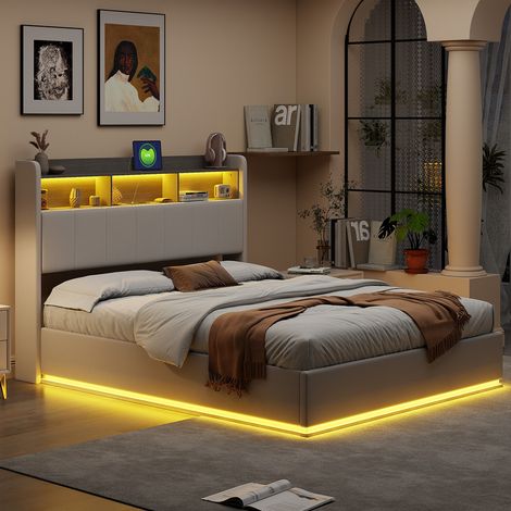 Letto contenitore 160 x 200, 2 persone con LED e presa multipla, letto 160x200 con rete, letto idraulico con contenitore nella testiera imbottita, letto matrimoniale con rete a doghe in legno, bianco (1/5)