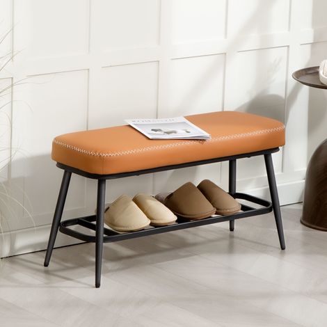 Stylish 7cm Thick PU Leather Shoe Bench with Storage Shelf, Metal Frame, Adjustable Feet, Easy Clean Design - Perfect Entryway Furniture