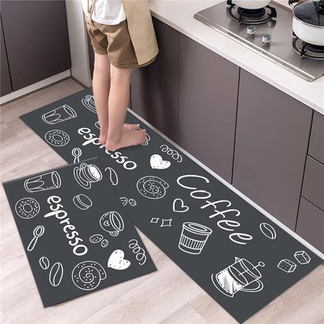 JSSEVN - Kitchen Mats, Set of 2, Dark Grey Coffee Color. Absorbent, water and oil resistant, stain resistant, dust resistant, machine washable. 40x60cm + 40x120cm (1/5)