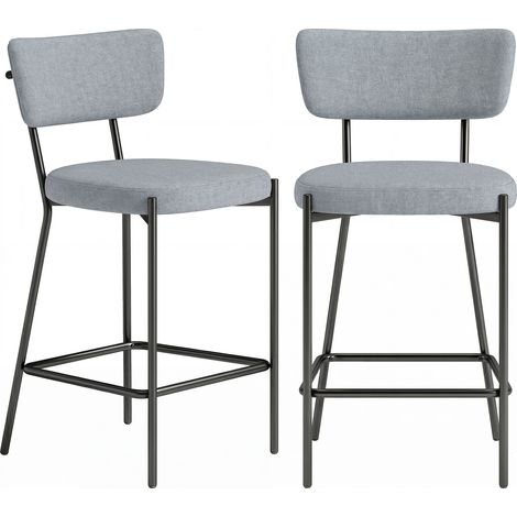 Set aus 2 grauen Barhockern, bequem gepolsterter Sitz, ergonomisch geschwungene Rückenlehne, integrierte Fußstütze, 49x53x93 cm, Designer-Barstühle für Küche oder Tresen.
