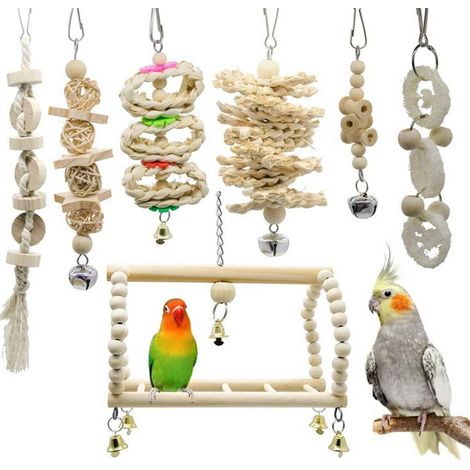 Papageien-Vogelspielzeug-Set, Schaukelkäfig-Zubehör, Holzfarbe, 7-teiliges Set, Vogelspielzeug, interaktive Zielgruppe, Beige