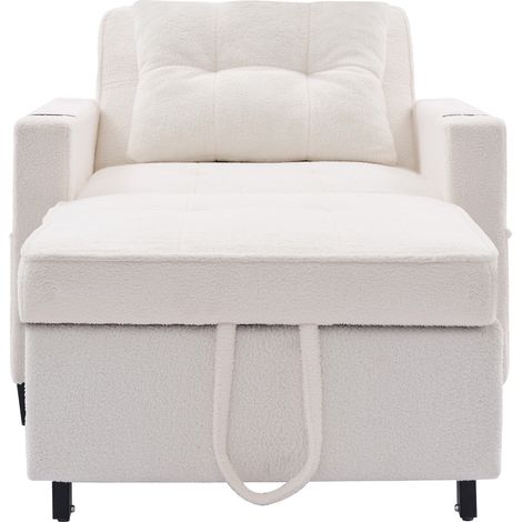 Fauteuil lit 3-en-1 convertible blanc avec porte-gobelets, port USB et dossier inclinable, pour petit espace, chaise d’appoint et couchage CHICFURN (1/5)