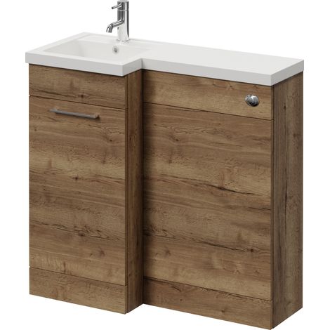 Napoli 390 Tobacco Oak 900mm Single Door Vanity Unit Toilet Suite with Left Hand Square Lucia Basin - 900mm - Chrome 160mm HandleWithout Kingston Toilet Pan
