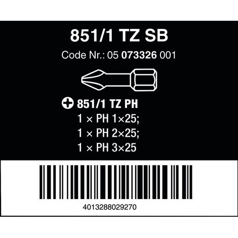 Wera 851/1 TZ SB SiS 05073326001 Inserto a Croce PH 1, PH 2, PH 3 Acciaio per utensili duro D 6.3 3 pz. (1/4)