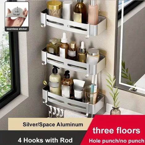 (3 Silver Square HR) 1 étagère de rangement murale d'angle en aluminium sans perçage pour salle de bain - Idéale pour ranger shampoing, gel douche et cosmétiques. (1/5)