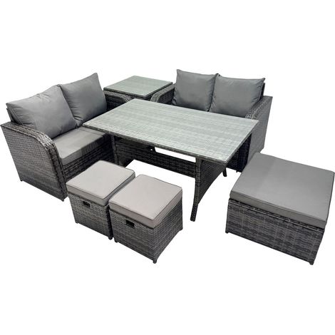 Fimous Wicker PE Rattan Garden Outdoor Furniture Set Love Sofa Dining Table Sets with 3 Stools Side Table Dark Grey Mixed (1/5)