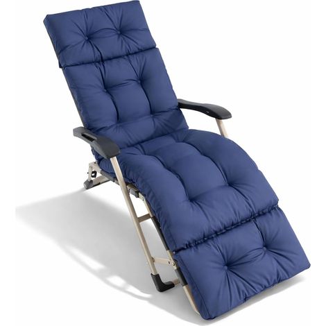 Coussin pour chaise longue - 190 x 54 cm - Avec dessous antidérapant - Confortable - Avec capuche et bandes de fixation - Coussin épais pour jardin, balcon, terrasse - Bleu foncé (1/5)