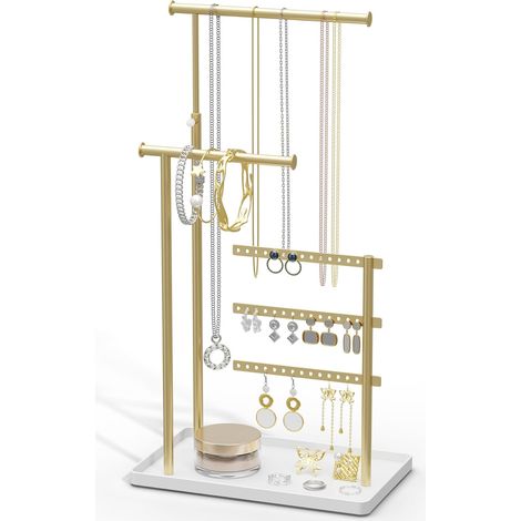 Organisateur de bijoux en or - 3 barres - Rangement pour boucles d'oreilles, bracelets, colliers, parfums, accessoires esthétiques décoratifs pour coiffeuse, angle et hauteur réglables 37 cm (maximum) (1/5)