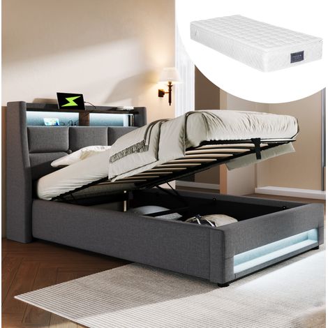 Polsterbett Leinen Grau 90x200 cm mit Stauraum, LED, USB, Lattenrost und Matratze (1/5)
