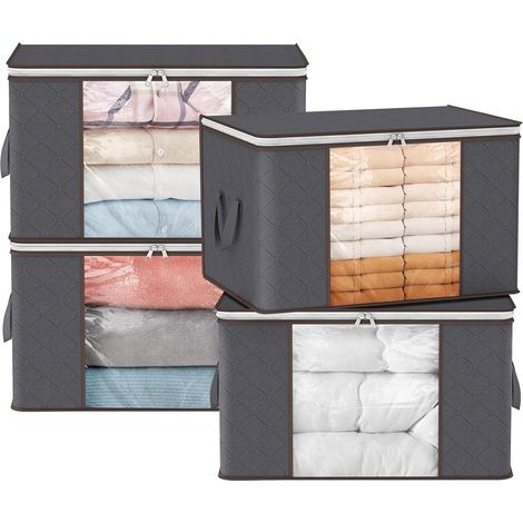Sac Rangement, Grande Boite Rangement Vetement Pliable, Housse Rangement avec Poignées Renforcées, Sac Demenagement, Gris, 90L, Lot de 4 (1/5)