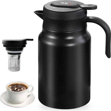 Bouteille Isotherme Avec Infuseur à Thé Et Affichage De Température: 1,5 Litres Carafe Café Thermique, Acier Inoxydable Gourde Isotherme Pour Thé, Café Et Lait (Noir) (1/5)