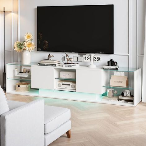 Mobile TV 200 cm - LED RGB - 2 cassetti - senza maniglia - Vetro temperato e legno - Soggiorno - 200 x 35 x 45 cm - bianco