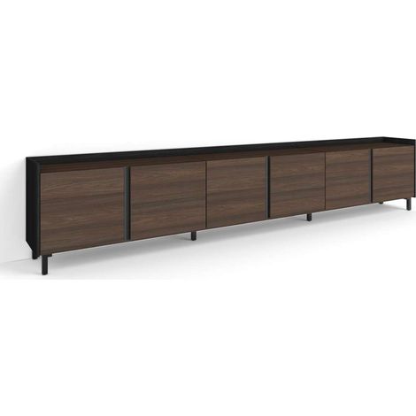Mueble TV Campillos-02 de 309x61x35 cm con puertas abatibles, diseño industrial, color roble oscuro y negro (1/4)