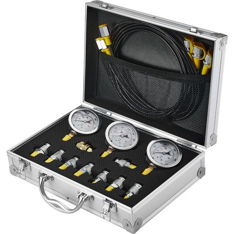 Kit de Test de Pression Hydraulique, 250/400/600bar, 3 Manomètres, 9 Raccords, 3 Flexibles, Coffret Portable pour Excavatrice et Tracteurs. (1/5)