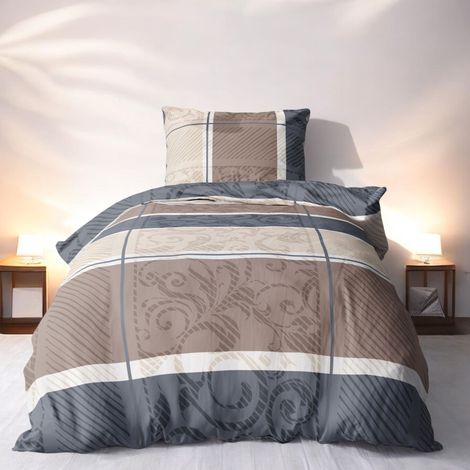 Parure de lit 2 pièces en flanelle 155 x 220 cm - Motif cachemire - Taupe et beige - 100 % coton - Taie d'oreiller 80 x 80 cm + housse de couette 155 x 220 cm (1/5)