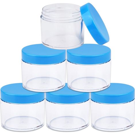 Pots ronds en plastique transparent étanche avec couvercles bleus pour le rangement en voyage de maquillage, cosmétiques, lotions, gommages, crèmes, huiles, baumes et onguents (6 pots) (1/5)