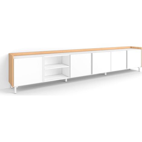 Skraut Home - Meuble TV, Banc Télé, Grand espace de Rangement, 309x35x61cm, Pour les TV jusqu'à 80", Design industriel, Style moderne, Blanc et Chêne Soft (1/5)