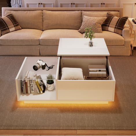 Mesa de centro elevable 100x50x33 cm blanca con LED y almacenamiento oculto MEUBLIV (1/5)