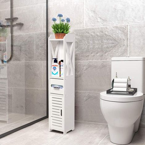 Skecten – Colonne de salle de bain 20x20x80cm – Armoire de rangement 4 niveaux – Bois-plastique blanc – Pour espaces confinés
