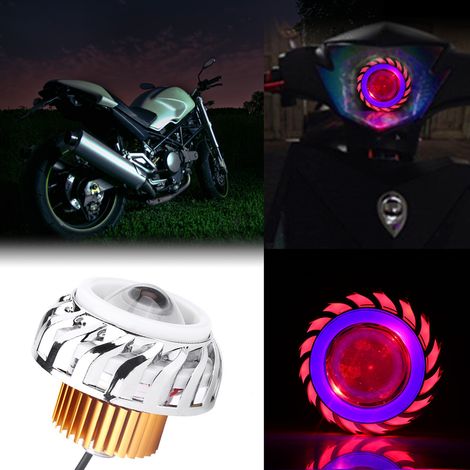 Nouvelle moto modifiée avec un phare stroboscopique à LED à double lentille angel eye tricolore en forme de tourbillon (bleu et rouge). (1/4)