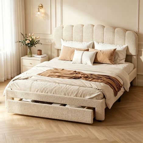Doppelbett für Erwachsene 140x200cm, verstellbares Kopfteil, rollbare Schublade, beiger Teddy-Bouclé-Stoff, USB- und Typ-C-Anschlüsse, modernes Polsterbettgestell (Matratze nicht enthalten)