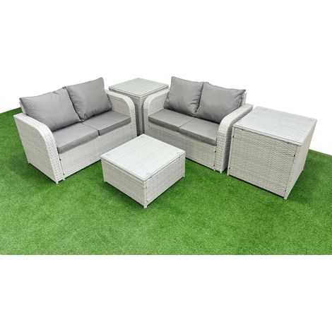 Fimous 4 Seater Outdoor Love Sofa Set Rattan Garden Furniture Set with Square Coffee Table 2 Side Tables Light Grey (1/4)